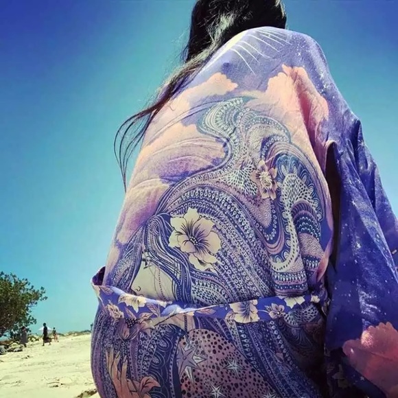 Cosmic Galaxy Moon Boho Short Kimono Coverup Robe - Picture 7 of 12